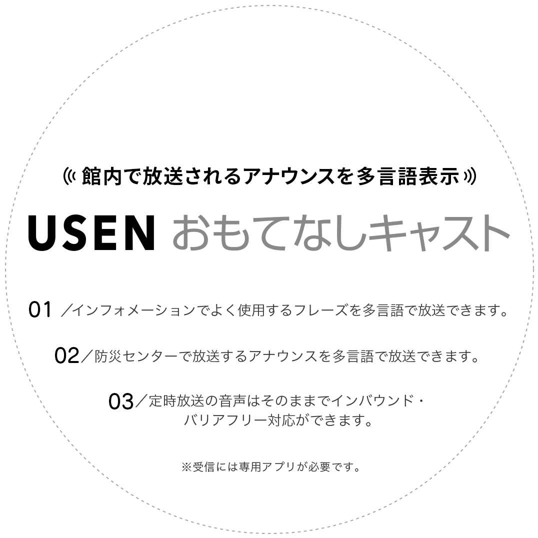 USENおもてなしキャスト 館内で放送されるアナウンスを多言語表示